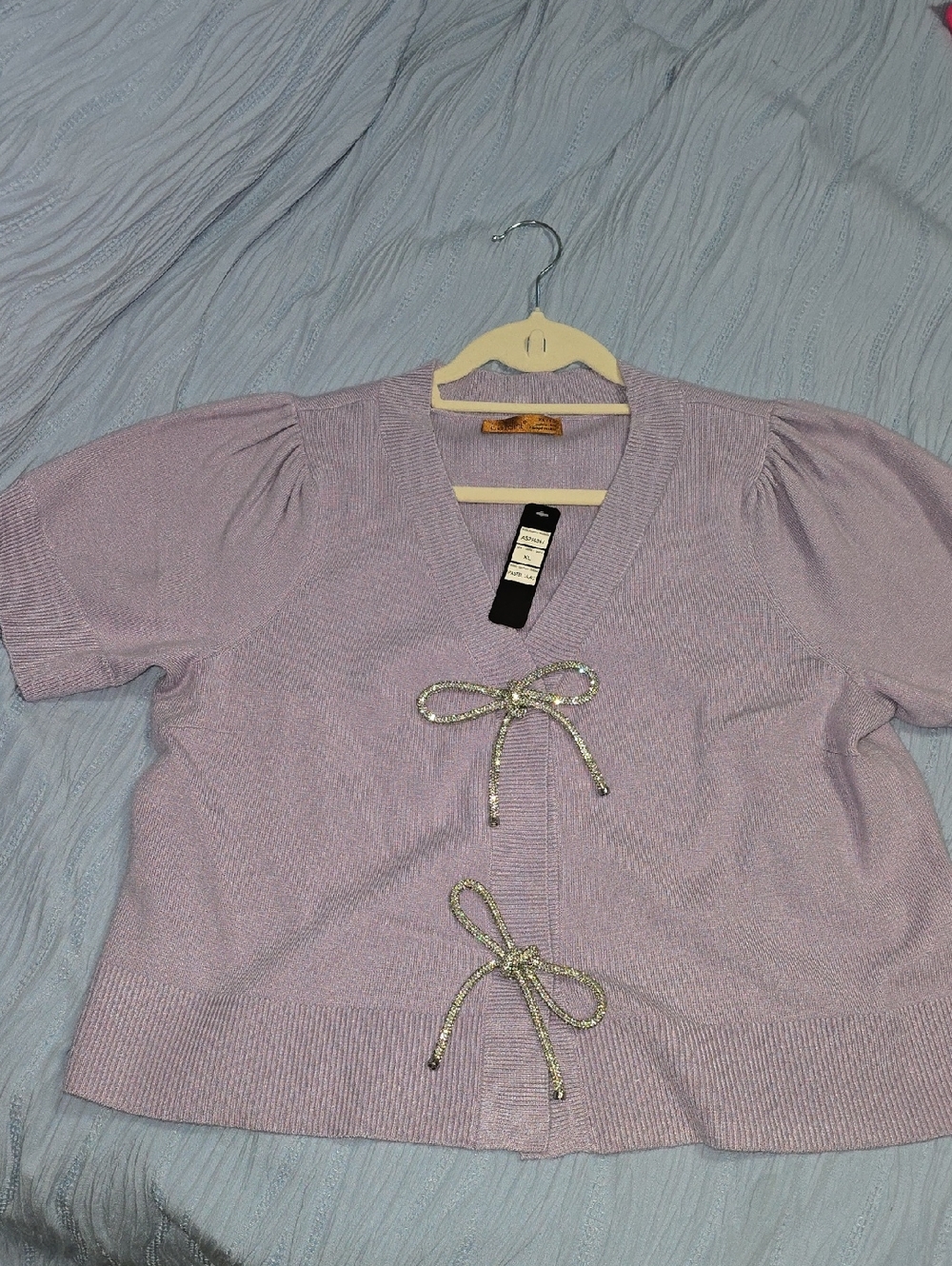 Belldini Lilac Short Sleeve Sweater Top with Metallic Bow Ties